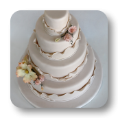 Shimmering Ivory Wedding Cake with Asymmetrical Ruffles.