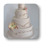 Shimmering Ivory Wedding Cake with Asymmetrical Ruffles.